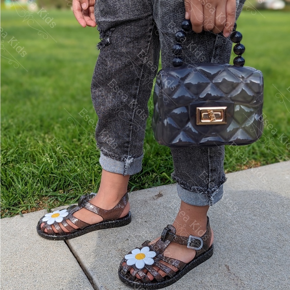 Boutique Kids Flower Black Jelly Sandals